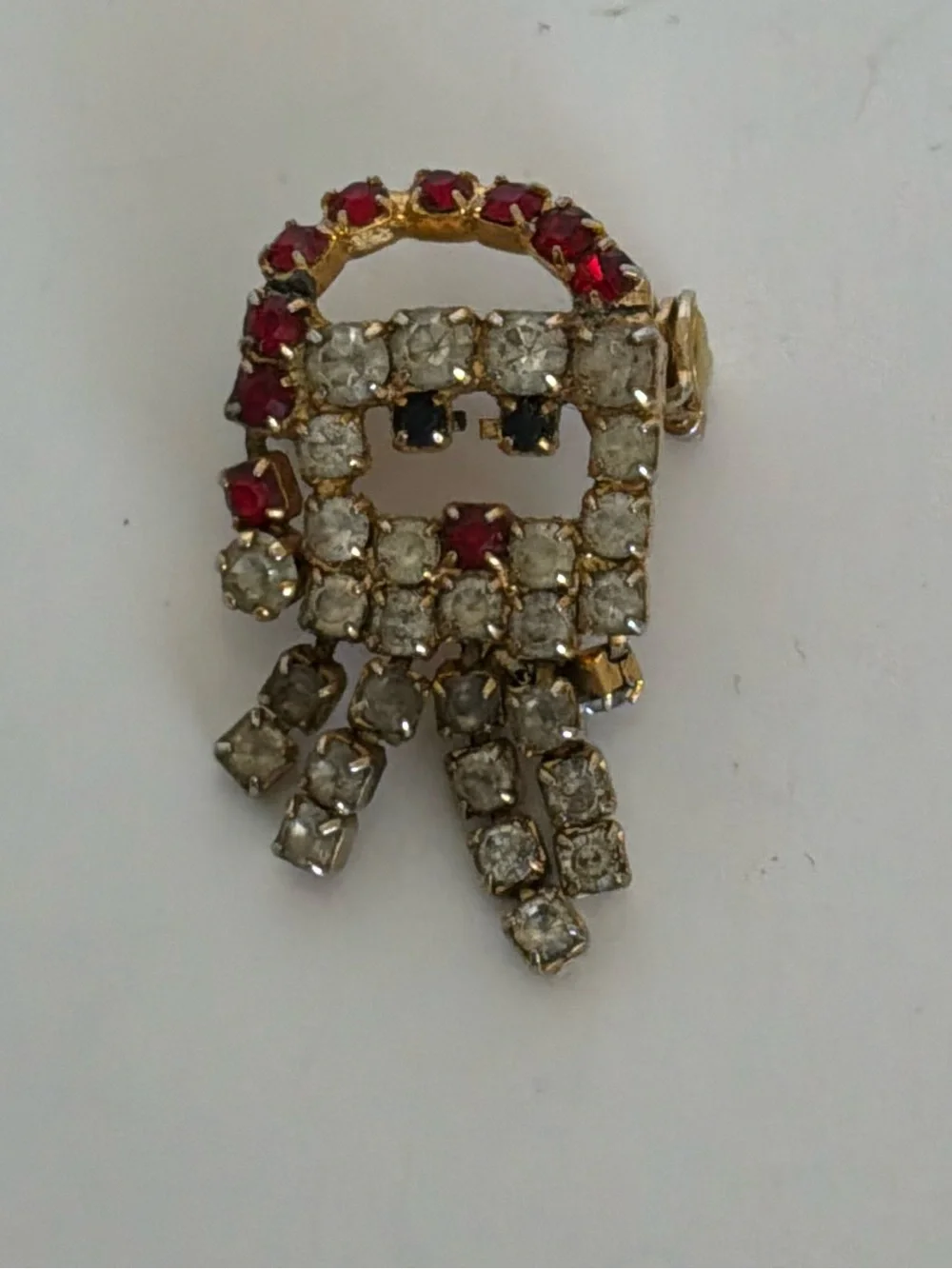 Vintage Santa Brooch Gold-Tone Red and Clear Rhinestone